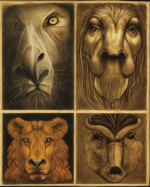 Image similar to four faces on different sides of one creature, eagle, lion, ox, human, drawn by da vinci