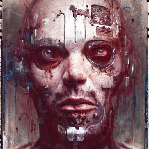 Image similar to mugshot photo of an ugly criminal, cyborg, (((high tech, cyberpunk))), by cy Twombly and BASTIEN LECOUFFE DEHARME