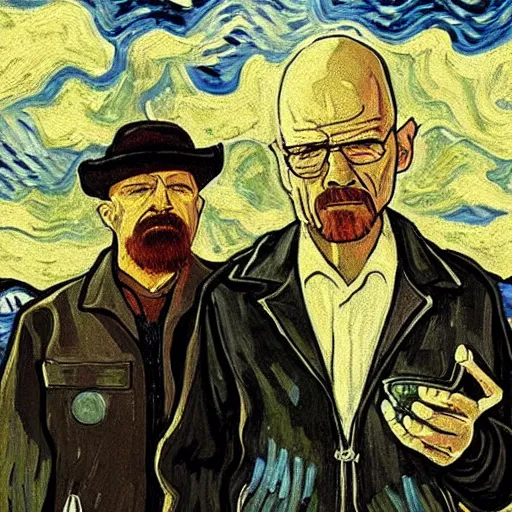 Image similar to a scene from breaking bad featuring walter white painted by van gogh