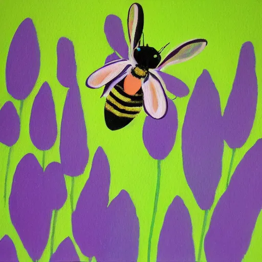 Image similar to popart gauche painting of a bunny - bee hybrid flying around lavender