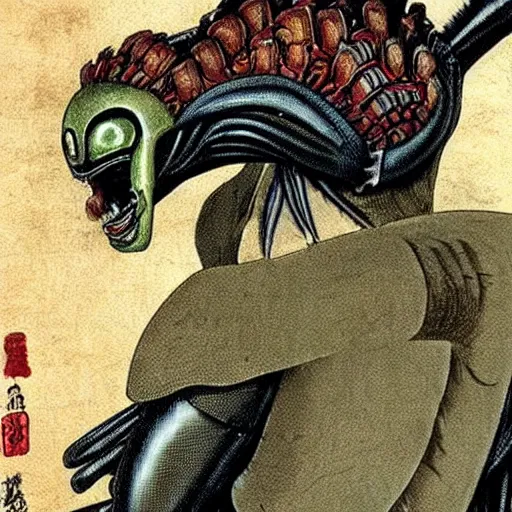 Image similar to the alien from the predator movie in the edo period. realistic.