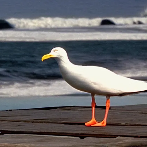 Image similar to a photo still of steven seagal as a seagull at the pier next to the ocean, anthropomorphized