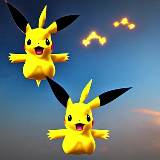 Image similar to three - headed pikachu, realistic, pokemon, hyper realistic, lightning bolts, cinematic lighting