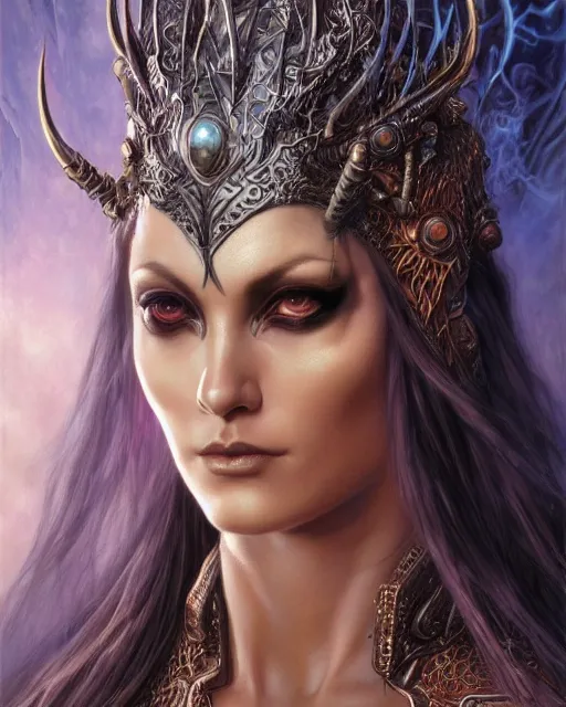 Image similar to a highly detailed airbrush painting of an evil female fantasy sorceress with piercing beautiful eyes art by karol bak and donato giancola and mark brooks, centered, full size, hires, 4 k, high resolution, sharp focus