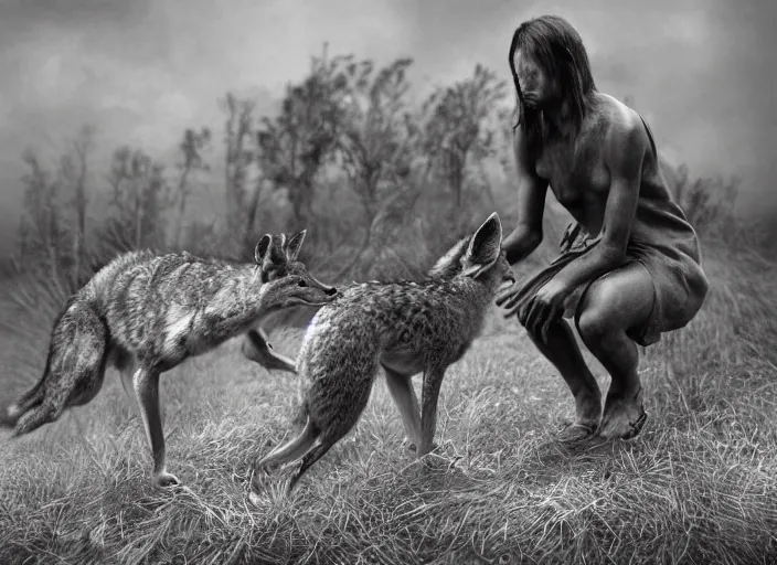 Image similar to Award winning Editorial photo of a Iroquois Native petting a wild coyote by Edward Sherriff Curtis and Lee Jeffries, 85mm ND 5, perfect lighting, gelatin silver process