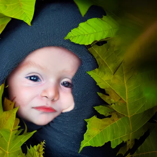 Image similar to award winning hyper realistic photograph of a baby sasquatch portrait hiding in the leaves peering out timidly with with large cute eyes