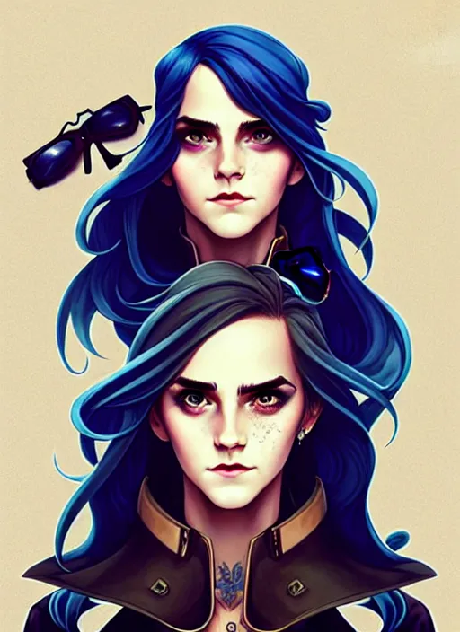 Image similar to style artgerm, joshua middleton, emma watson with green dress, very long blue hair, symmetrical face, symmetrical eyes, steampunk western gunslinger with monocle, cinematic lighting