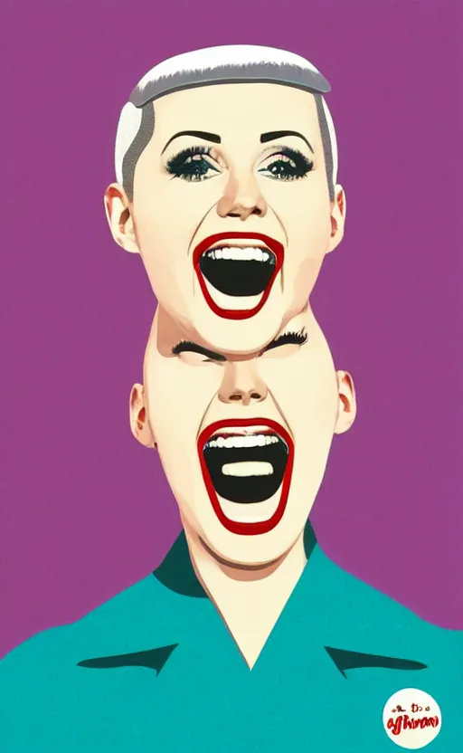 Image similar to illustration portrait of a woman with white buzzcut laughing out loud, art deco painting by tom whalen, funny meme photo, trending on behance, digital illustration, storybook illustration, grainy texture, flat shading, vector art, airbrush, pastel, watercolor, poster