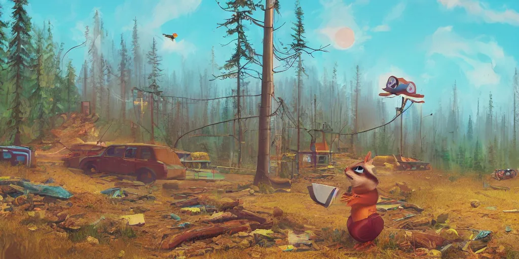 Image similar to A chipmunk with feathers. Detailed digital matte painting in the style of simon stalenhag