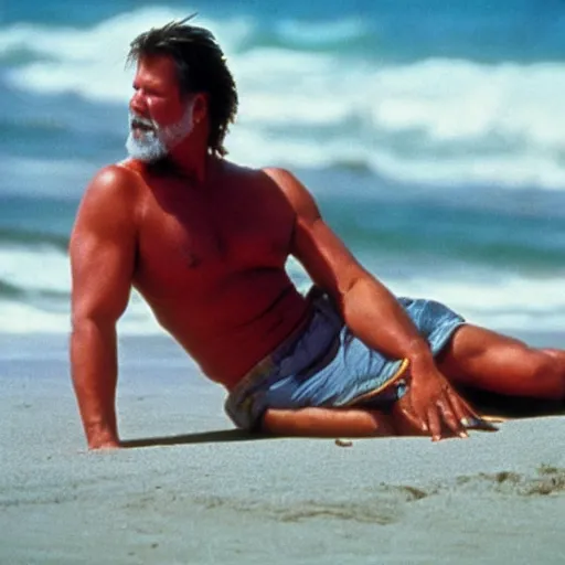 Prompt: kevin nash relaxes on the beach during the red hot summer of 1 9 9 2, forboding mood, camcorder effect