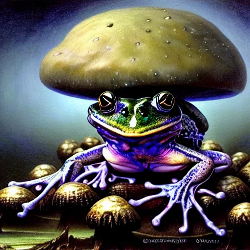 Prompt: cosmic horror frog sitting on mushroom, full body, hyper realistic, extremely detailed, dnd character art portrait, dark fantasy art, intricate fantasy painting, dramatic lighting, vivid colors, deviantart, artstation, by edgar maxence and caravaggio and michael whelan and delacroix, lovecraft and greg rutkowski, luis royo and wayne barlowe