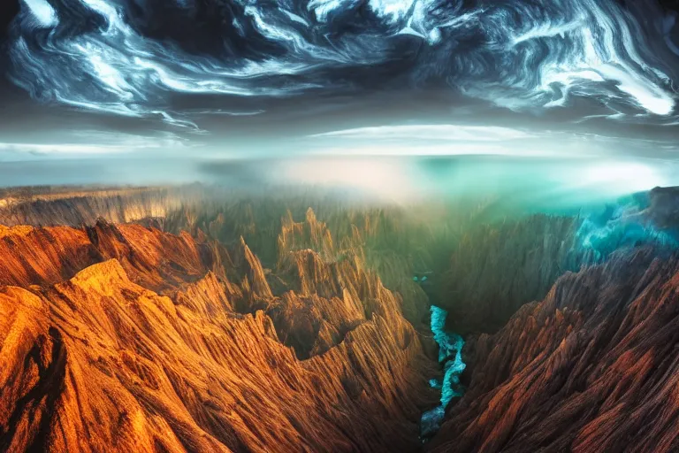 Image similar to photo from the edge of a huge canyon on an alien world, bizarre and beautiful geographical features, stunning iridescent clouds, ferrofluid oceans, professional nature photography