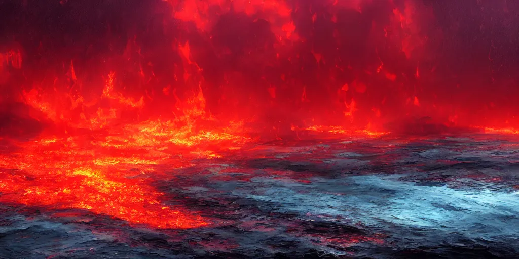 Image similar to a boiling and flaming red sea, illustration, raining, dark and moody lighting, at night, digital art, oil painting, fantasy, 8 k, trending on artstation, detailed