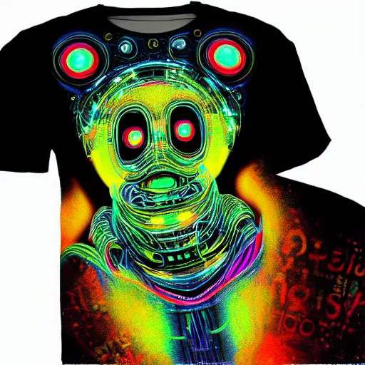 Image similar to black tshirt with a hyperdetailed portrait of a futuristic trippy cute robot head, 8 k, symetrical, flourescent colors, halluzinogenic, multicolored tshirt art,