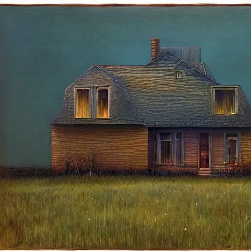 Prompt: An American house on a field with a skinwalker hidden oil painting in style of Zdislaw Beksinski