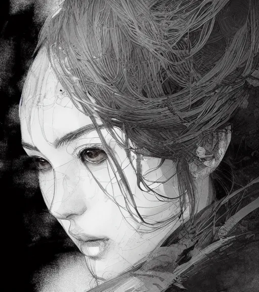 Image similar to portrait of anime woman, pen and ink, intricate line drawings, by craig mullins, ruan jia, kentaro miura, greg rutkowski, loundraw