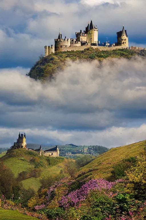 Prompt: photochrom, a hilly landscape with castle and path