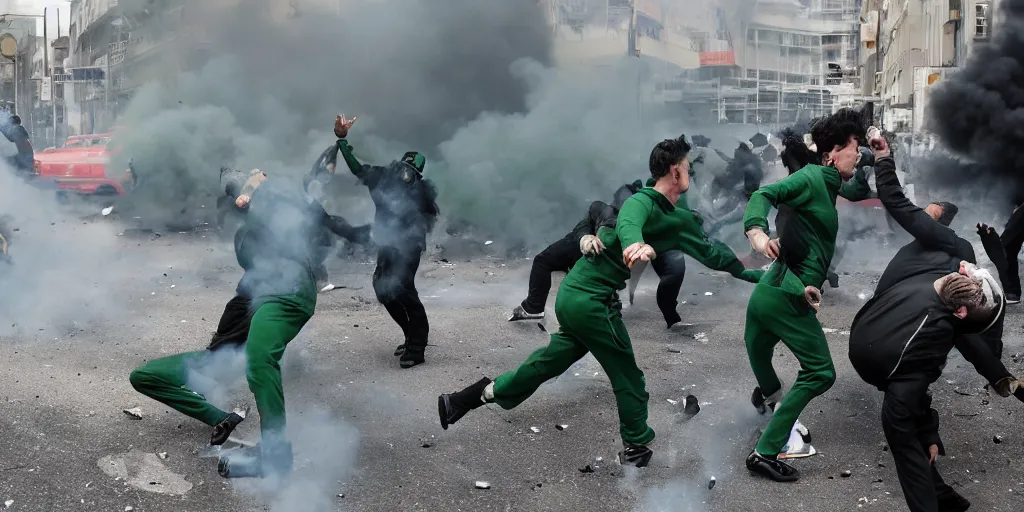 Prompt: photo of young men wearing green tracksuits fighting cops in a riot with burning cars, mid shot, editorial photography