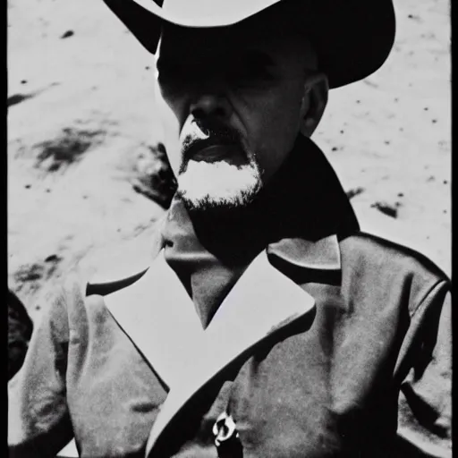 Image similar to anton lavey wearing a cowboy hat, riding a horse on the moon
