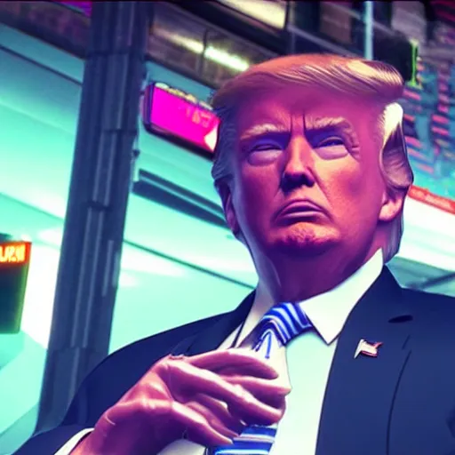 Image similar to donald trump in cyberpunk 2 0 7 7 as an evil corporation leader, technological, movie footage, high - tech, still frame