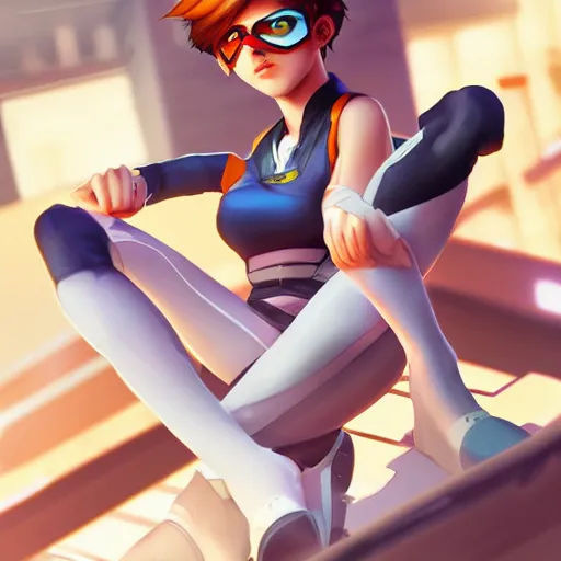 Image similar to digital artwork of tracer sitting on a rooftop, in the style of artgerm, detailed face, expressive face, feminine face, detailed eyes, arstation, 4 k,