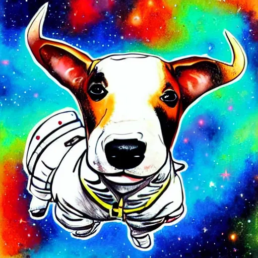 Prompt: A bull terrier in a spacesuit floating in space, colorful drawing