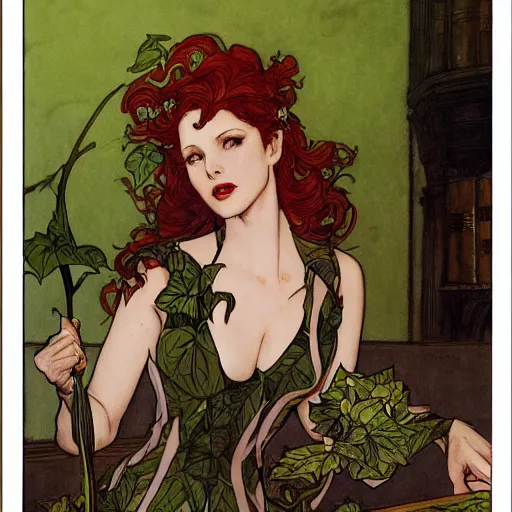 Prompt: a beautiful painting of poison ivy as a lawyer dressed in a three piece suit arguing a case in a court, dark eyeliner, intricate, elegant, highly detailed, digital painting, artstation, concept art, matte, sharp focus, illustration, art by rebecca guay and by arthur rackham and by alphonse mucha and by john william waterhouse