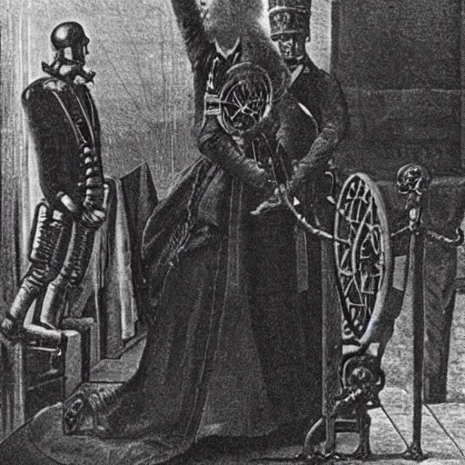 Prompt: grainy 1800s photo of the king of england surrending to cybernetic warriors