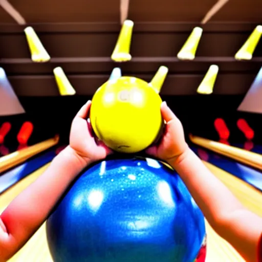 Image similar to a bowling ball with arms and legs holds a small human man in his hands in a bowling alley