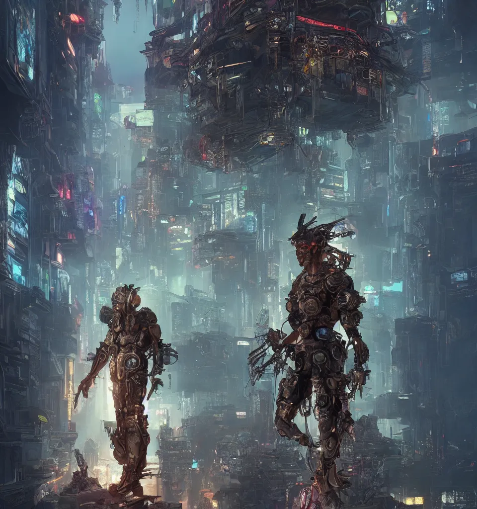 Image similar to cyberpunk gladiator, cinematic, highly detailed, octane render, cg, rich cinematic atmosphere, perfect digital art, mystical journey in strange world, Mystical, cyberpunk, tech war, sci-fi, surreal, glowing lights, sharp focus, high detailed, by Akihiko Yoshida, michael whelan and Karol Bak