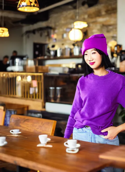 Prompt: young adult asian woman in a coffee shop wearing a beanie and a purple cyberpunk sweater with led light elements smiling, natural light, magazine photo, 5 0 mm