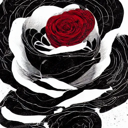 Prompt: a black and white rose with red dripping paint, artwork by victo ngai