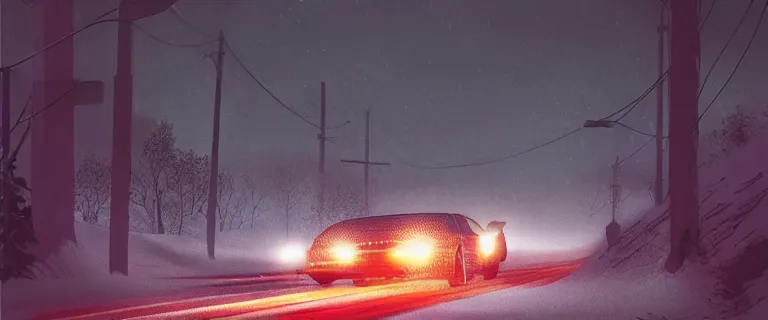 Image similar to Audi A4 B6 Avant (2002), a gritty neo-noir, Eldritch horror, dramatic bright lighting, cinematic, establishing shot, extremely high detail, photorealistic, cinematic lighting, artstation, by simon stalenhag, Snowy italian road, Snowy Apennines, At night, Poets of the Fall - Late Goodbye
