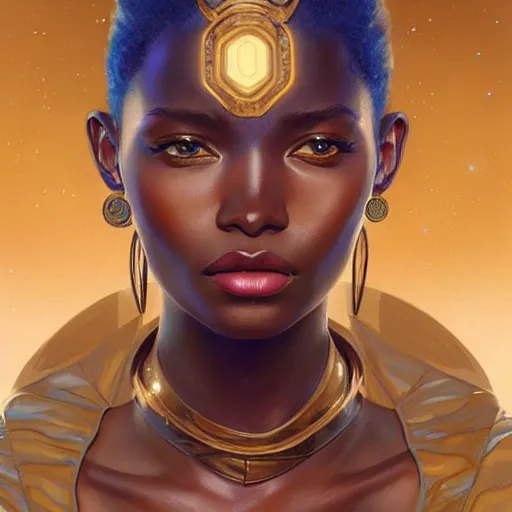 Image similar to Portrait of very very very very very very beautiful african woman, spacesuit, blue eyes, intricate, elegant, highly detailed, digital painting, artstation, concept art, smooth, sharp focus, illustration, art by artgerm and greg rutkowski and alphonse mucha