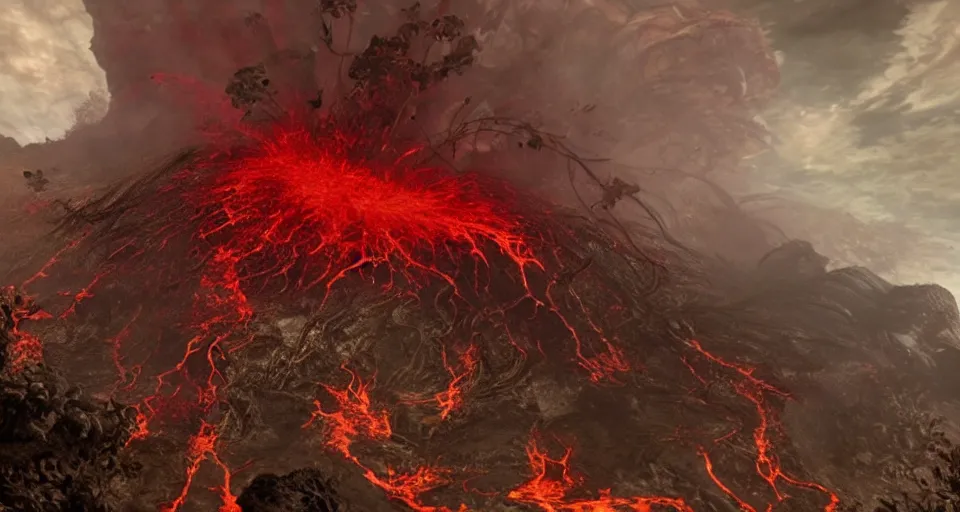Prompt: a volcano made of ivory vines and crimson rocks enters in eruption, it spits a smoke in the shape of demonic eye, from Lineage 2