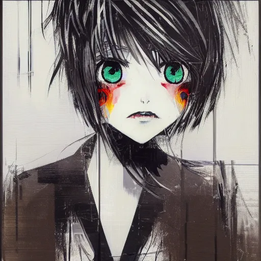 Prompt: Three quarter view Yoshitaka Amano style portrait of an anime girl with short white hair and different eyes wearing suit with patterns, smoking cigarette, abstract black and white background, film grain effect, highly detailed, oil painting, expressive brush strokes