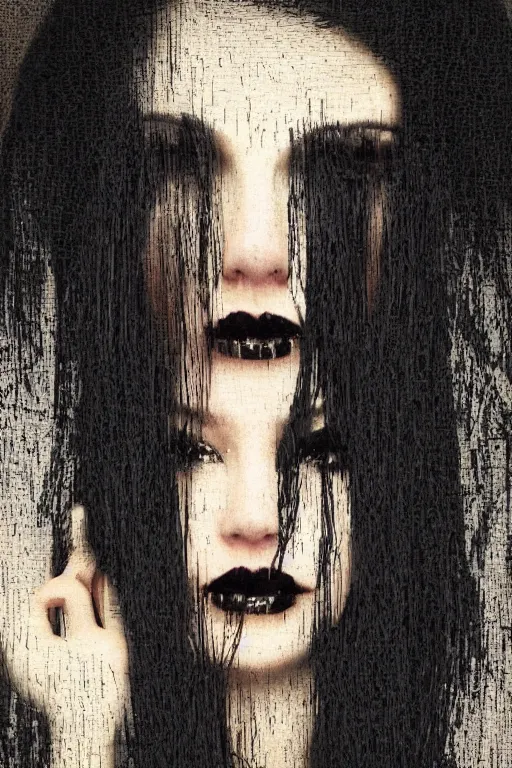 Prompt: glitch, picture portrait,(((((((((((((young woman's face))))))))))))), long black hair, glitch, pale skin, glitch, digital render, super-detailed ,glitch, by Millais