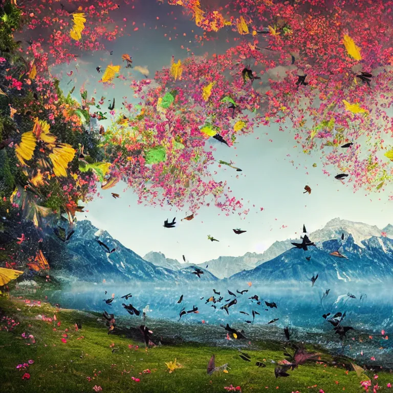 Image similar to a beautiful awesome artistic tree with falling flowers like leaves and many birds, all in the amazing outdoors view, mountain in the background, lake, long exposure, 8 k resolution, trending on artstation