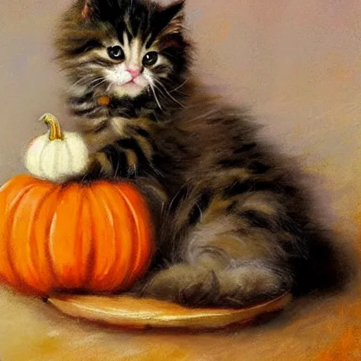 Image similar to a cute fluffy kitten amidst piles of pumpkins. halloween autumn fall art. beautiful painting by henriette ronner - knip and artgerm and greg rutkowski