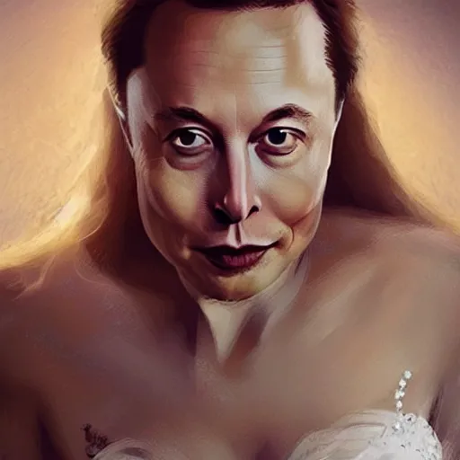 Image similar to Elon Musk in a wedding gown, romantic, concept art trending on artstation, sharp focus, highly detailed