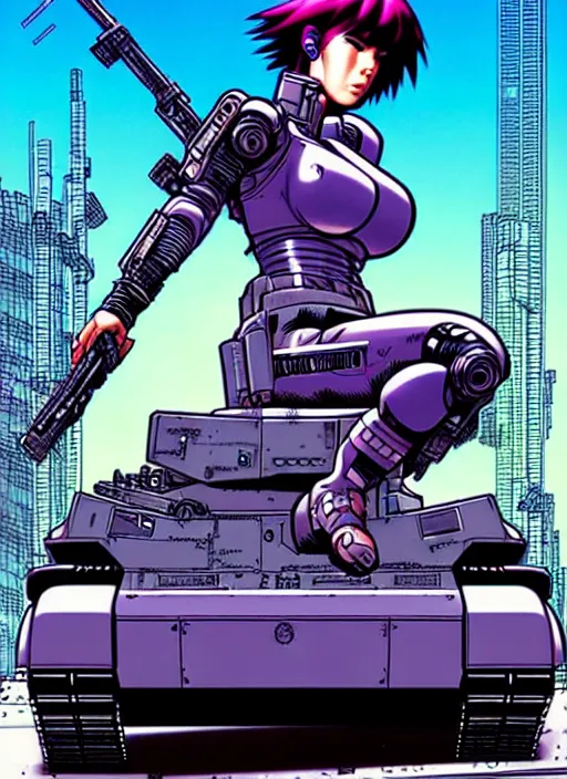 Image similar to motoko kusanagi riding a tank in a grungy cyberpunk megacity, intricate and finely detailed, cyberpunk vaporwave, portrait by j scott campbell, phil jimenez, ilya kuvshinov