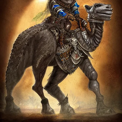 Image similar to Gnoll, metal armor, lance, riding a camel, D&D, fantasy, digital art