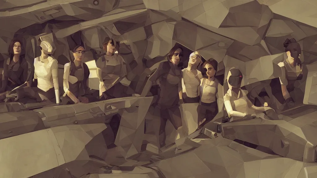 Image similar to all - female crew in a minimalistic, dark ( spaceship ), by jon foster, low poly.