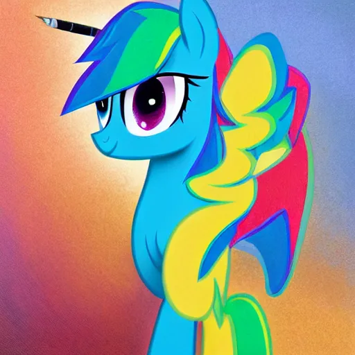 Image similar to portrait of a menacing beautiful Rainbow Dash, short muzzle, pegasus pony mare, top half of body, My Little Pony, by Stanley Artgerm Lau , greg rutkowski, thomas kindkade, alphonse mucha, loish, norman rockwell, J. C. Leyendecker. bright rainbow mane, pastel blue fur, angry complexion, beautiful detailed eyes, black rose frame. D&D, fantasy. Trending on artstation rule of thirds extremely detailed old illustration hd 4k