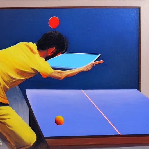 Image similar to Dos gats jugant al ping pong sobre un fons taronja, oil painting