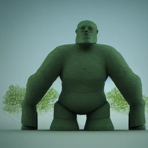 Prompt: a giant friendly golem made out of stone in a fantasy world, the golem body is full of algae,award winning photography, Cinema 4d render , HDR, studio lighting, dynamic pose, long shot, shot on Canon EOS R5, f/2.5,