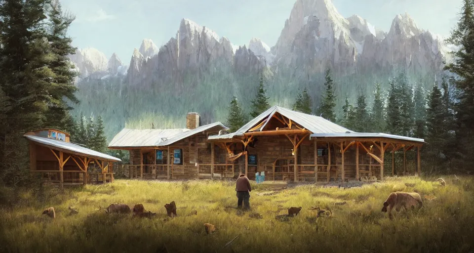 Image similar to cabela's beautiful comfortable modular pop - up insulated all terrain family dwelling, cabin,, person in foreground, mountainous forested wilderness open fields, beautiful views, painterly concept art, joanna gaines, environmental concept art, farmhouse, magnolia, concept art illustration, by james gurney, by craig mullins, by greg rutkowski trending on artstation