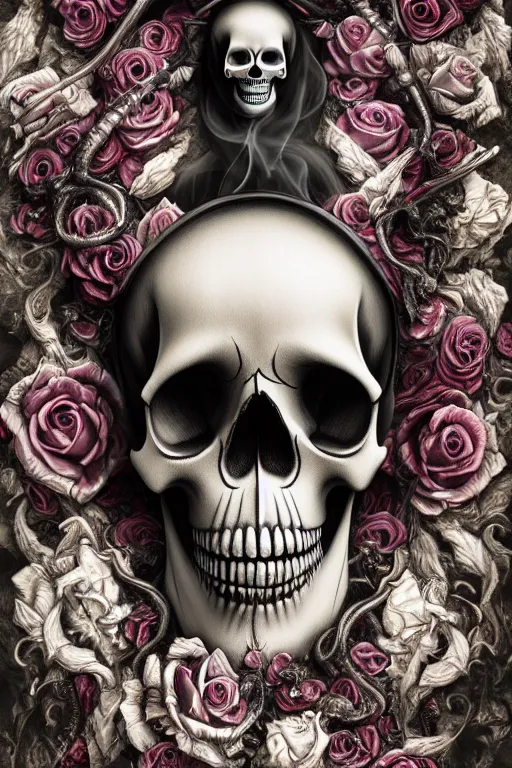 Image similar to skull grim reaper, white rose, white magic effect smoke, kodachrome, 2 d, ray tracing global illumination, insanely detailed and intricate, hypermaximalist, elegant, ornate, hyper realistic, super detailed, by wangechi mutu