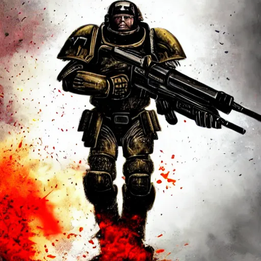 Image similar to heavy armor soldier wearing space marine like armor but in real life, walking in a river of blood full of human bloody dead bodies and human parts, shooting with his gun, explosions in background, painting style