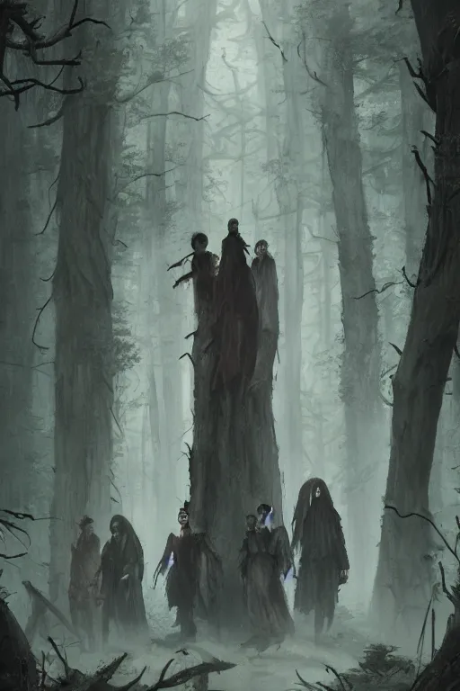 Image similar to A gang of frankensteins in the forest, horror, illustrated by Greg Rutkowski and Caspar David Friedrich., Trending on artstation, artstationHD, artstationHQ, 4k, 8k